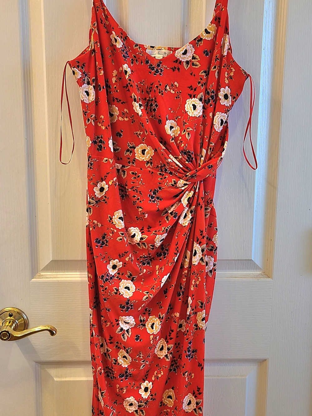 nine britton Red Floral Twist-Detail Midi Dress
